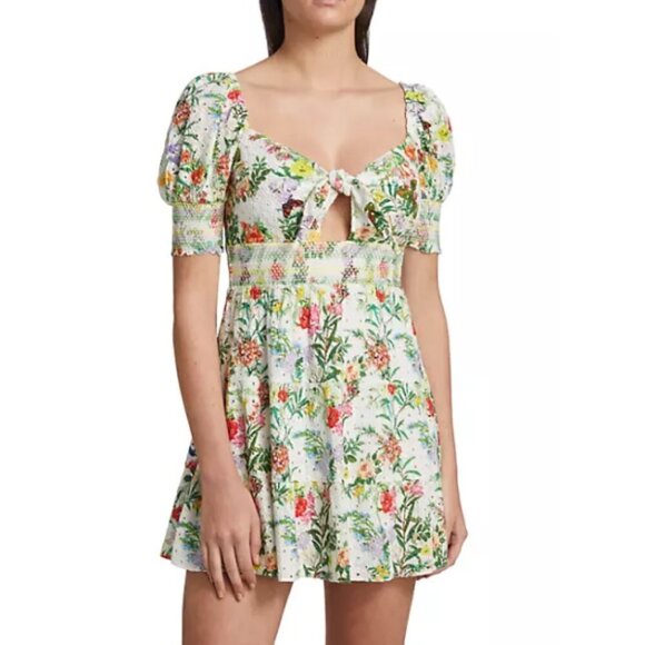 Alice + Olivia 'Kristie' Puff-Sleeve Mini-Dress, Off White/Multicolor - Picture 2 of 6